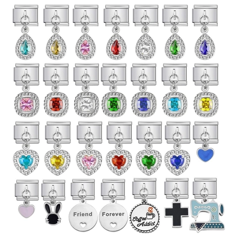 Stainless Steel Italian Modular Link Charms Heart Zirconia Enamel Drip Oil Bracelet Pendants For DIY Jewelry Making Women