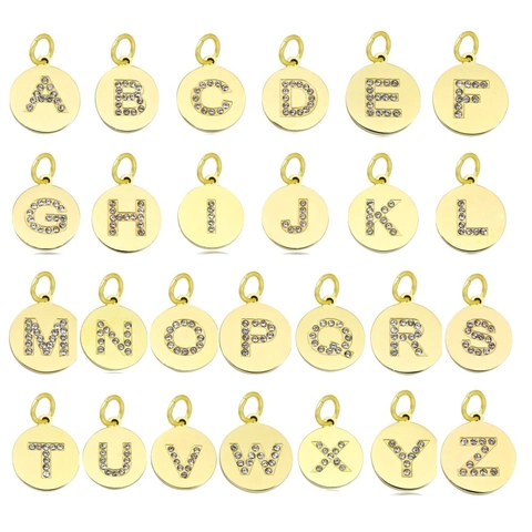 Stainless Steel Round Alphabet Pendant Gold Plated Rhinestone Letter Initial Charms DIY Jewelry Findings Necklace Accessory