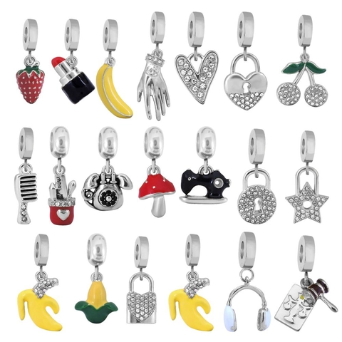 Stainless Steel Enamel Fruit Animal Charm Pendant Rhinestone DIY Bracelet Jewelry Accessories For Women Girls Cartoon Strawberry Cherry Lipstick