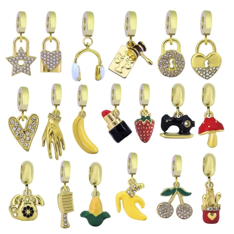 Stainless Steel Fruit Pendant Charm For DIY Jewelry Making Gold Plated Enamel Strawberry Banana Cherry Shape Pendant Charm