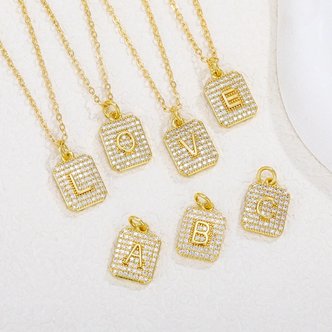 Fashion Titanium Steel Zirconia Initial Letter Pendant Necklace For Women Gold Silver Square Block Necklace Jewelry Gift