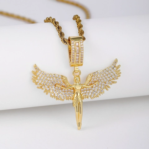 Hip Hop Engelsflügel Anhänger Halskette Kupfer Zirkonia Iced Out Engel Schmuck Retro Gold Silber Strass Halskette