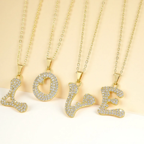 18K Vergoldete Kupfer Herz Alphabet Buchstabe Anhänger Halskette Strass Zirkonia Hip Hop Kette Für Damen Schmuck