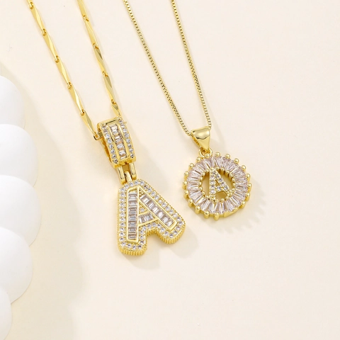 Alphabet Initial Pendant Necklace Copper Zirconia Gold Silver Plated Baguette Rhinestone A-Z Letter Jewelry Gift For Women