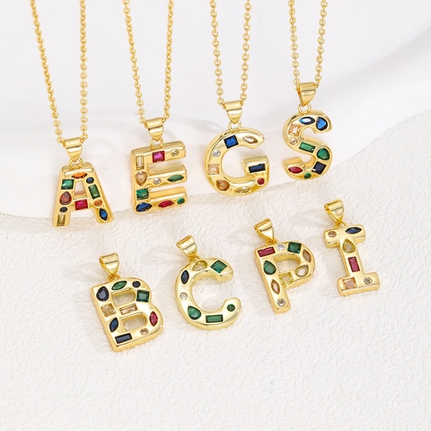 Mode Alphabet Initial 26 Englische Buchstaben Zirkonia Eingelegt Anhänger Vergoldetes Kupfer Bunter DIY Schmuck Halskette Accessoire Damen
