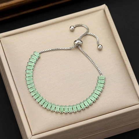 Baguette Cut Zirconia Bracelet Copper Adjustable Slider Bolo Clasp Fashion Jewelry For Women