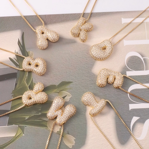 Bubble Letter Pendant Necklace Copper Cubic Zirconia Inlaid 3D Chubby Alphabet Fashion Jewelry For Women Men