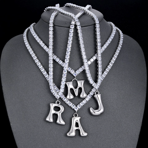Damen Herren Hip Hop Puffy Bubble Initial Buchstaben Halskette Quadratische Zirkonia Tennis Kette Versilbert Personalisierte Mode Schmuck Anhänger Halsketten