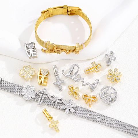 Copper Zircon DIY Mesh Band Bracelet Heart Cross Clover Flower Love Sliding Charms Personalized Fashion Jewelry For Women