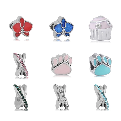 DIY Stainless Steel Charms Beads For Bracelet Animal Paw Prints Orchid Flower Cupcake Rhinestone Enamel Pendant Jewelry Making