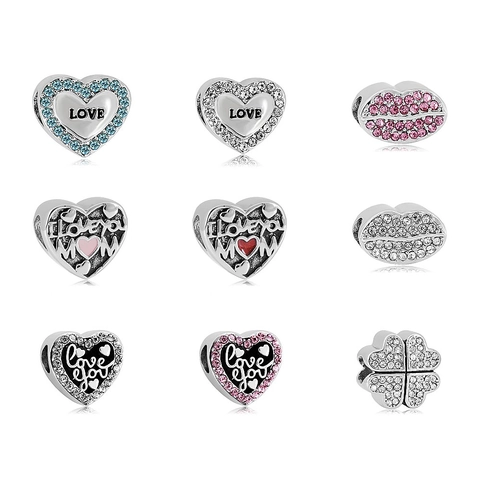 Stainless Steel Heart Lip Four-Leaf Clover Beads For DIY Bracelet Mother's Day Love Enamel Rhinestone Charms Loose Beads