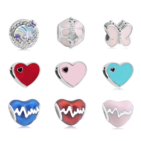 Stainless Steel Enamel Butterfly Heart Charm Beads For DIY Bracelet Making Rhinestone Inlaid Hollow Jewelry Charms For Women