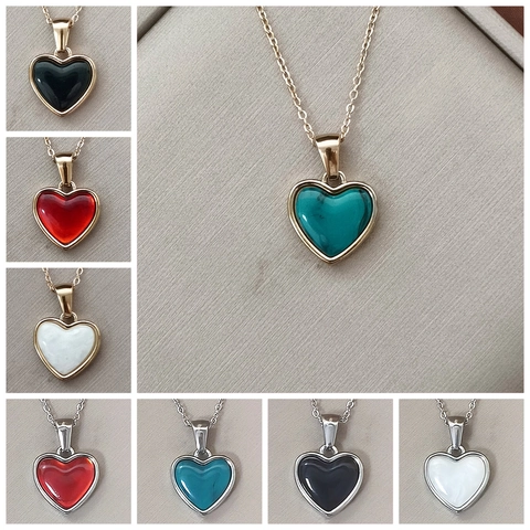 Fashion Lucky Heart Pendant Necklace For Women Stainless Steel 18K Gold Plated Enamel Inlaid Drip Oil Choker Jewelry Gift