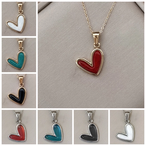 Fashion Stainless Steel Heart Pendant Necklace For Women Light Luxury Enamel Drip Oil Heart Clavicle Chain Jewelry Gift