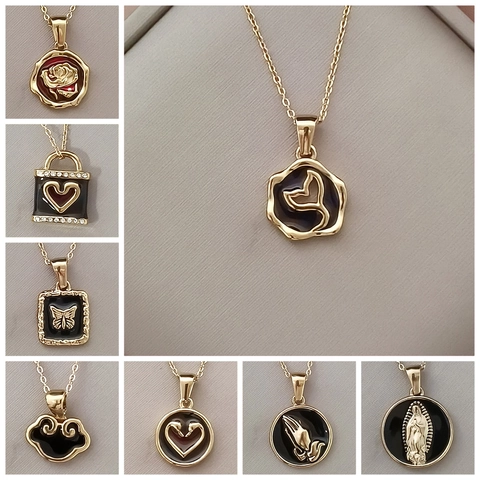 Vintage Stainless Steel Pendant Necklace Enamel Flower Heart Rhinestone Relief Design Elegant Fashion Jewelry For Women Daily Accessories