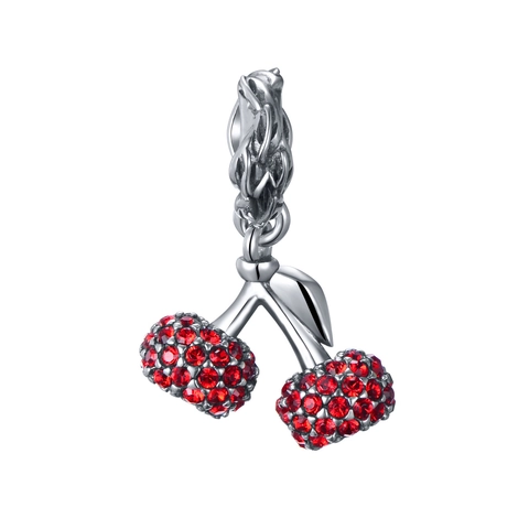 925 Sterling Silver Κεράσι Σμέουρο Charm Μενταγιόν Με Κόκκινο Στρας Πράσινο Σμάλτο Για DIY Βραχιόλι Κατασκευή Κοσμημάτων Γυναικείο Δώρο