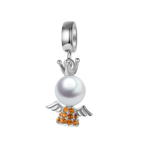 S925 Plata De Ley Ángel Ala Corona Charm Cuenta Con Perla Artificial De Concha Blanca Diamante De Imitación Naranja Para Pulsera Joyería