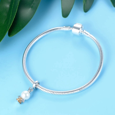 S925 Plata De Ley Ángel Ala Corona Charm Cuenta Con Perla Artificial De Concha Blanca Diamante De Imitación Naranja Para Pulsera Joyería