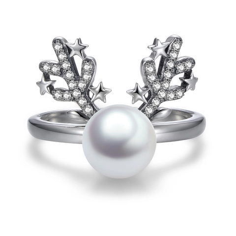 S925 Sterlingsilber Geweih Stern Ring Mit Weißer Künstlicher Perle Zirkonia Eingelegt Minimalistisch Verstellbarer Fingerring Für Damen Party Weihnachten Schmuck