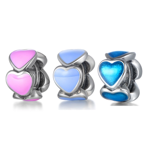 925 Ασήμι Καρδιά Σμάλτο Charms για DIY Βραχιόλι Μπλε Ροζ Μοβ Χάντρες Σμάλτο Γυναικεία Κοσμήματα Αξεσουάρ