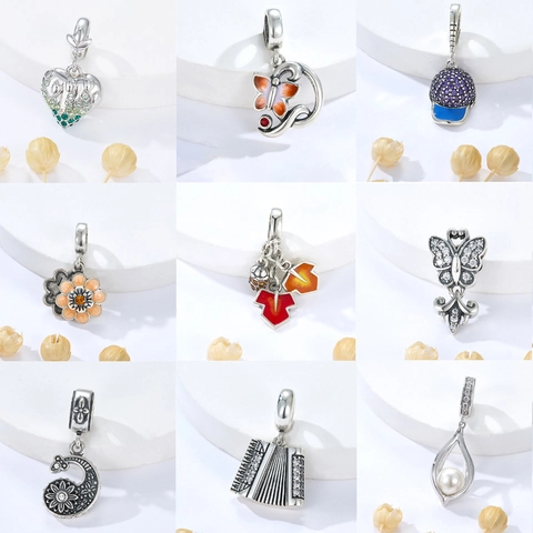 Charms de Plata de Ley 925 para Mujer Pulsera de Bricolaje Collar Corazón Mariposa Gorra de Béisbol Esmalte Perla Artificial Diamantes de Imitación Colgante para Hacer Joyería