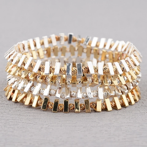 Ensemble de Bracelets Élastiques en Alliage Géométrique pour Femmes Plaqué Or Argent Bijoux de Mode Extensibles