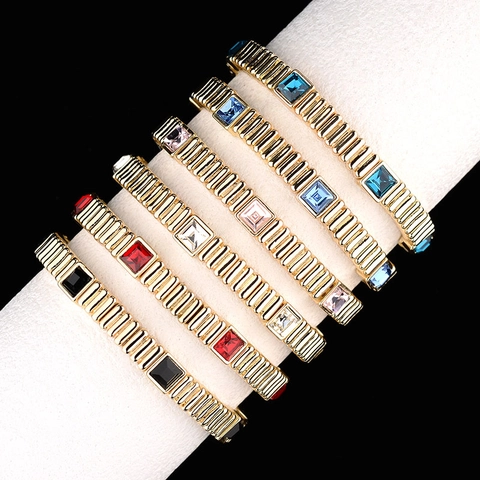 Fashion Alloy Gold Plated Square Colorful Crystal Elastic Bracelet For Women Vintage Ribbed Stretch Bangle Daily Jewelry