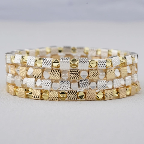 Nische Europäisches Minimalistisches Kupfer Quadratperle Elastisches Armband Für Damen Gold Silber Vergoldet Geometrischer Schmuck