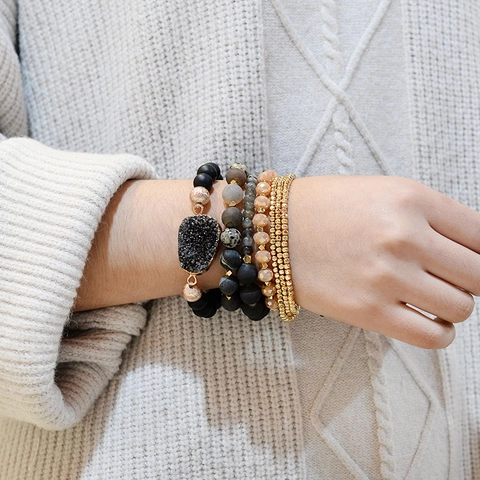 Ensemble de Bracelets en Perles de Pierre Naturelle Multicouche Boho pour Femme Druzy Cristal Agate Pierre Mate Réglable