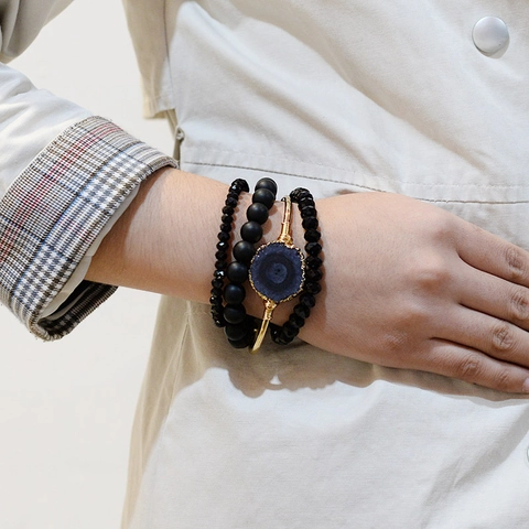 Bracelet Bohème en Pierre Naturelle avec Perles Noires Jonc Plaqué Or Agate Druzy Bijoux Vintage pour Femme Cadeau Noir Or