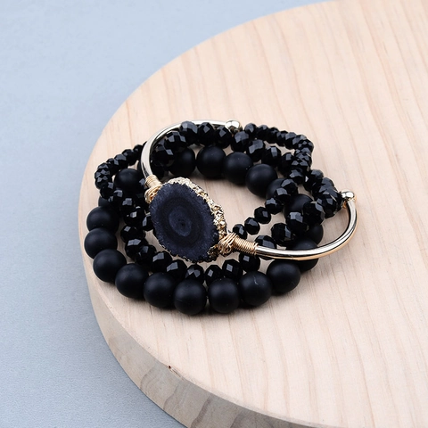 Bracelet Bohème en Pierre Naturelle avec Perles Noires Jonc Plaqué Or Agate Druzy Bijoux Vintage pour Femme Cadeau Noir Or