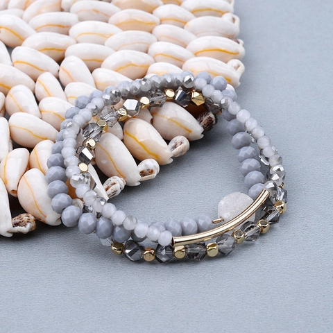 Bijoux Bracelet Multi Couches en Pierre Naturelle et Cristal pour Femmes Pendentif Druzy Tube en Alliage Design Élastique
