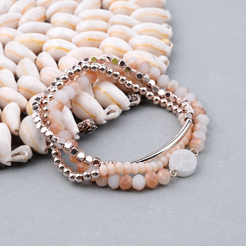 Bijoux Bracelet Multi Couches en Pierre Naturelle et Cristal pour Femmes Pendentif Druzy Tube en Alliage Design Élastique