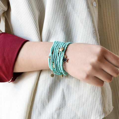 Boho Mehrlagiges Glas Perlenarmband Für Damen Legierung Anhänger Herz Stern Mond Etnisch Mode Schmuck Armband