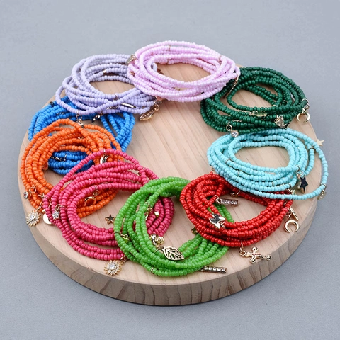 Boho Mehrlagiges Glas Perlenarmband Für Damen Legierung Anhänger Herz Stern Mond Etnisch Mode Schmuck Armband