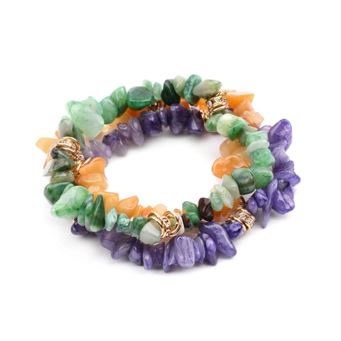 Boho Naturstein Splitter Armband Für Damen Unregelmäßiges Kristall Stretch-Armband Mit Goldfarbenen Strass-Zwischenperlen Ethno-Schmuck