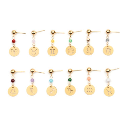 Boucles d'oreilles Clous en Acier Inoxydable Douze Signes du Zodiaque Or Argent Galvanisé Ajouré Symbole Astrologique Pendantes Femme