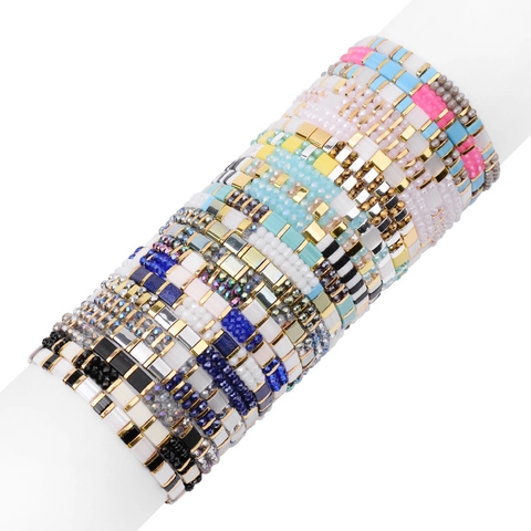Bohemian Tila-Perlen Armband Für Damen Mehrfarbige Miyuki Glasfliesen-Perlen Elastisches Stapelbares Armband Handgefertigter Emaille-Schmuck