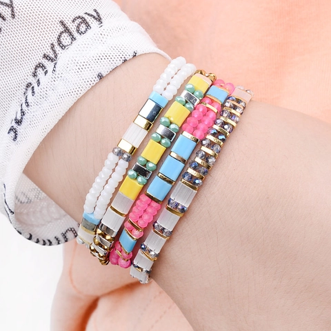 Bohemian Tila-Perlen Armband Für Damen Mehrfarbige Miyuki Glasfliesen-Perlen Elastisches Stapelbares Armband Handgefertigter Emaille-Schmuck