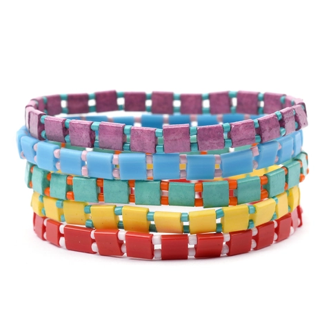 Bohemian Japanese Miyuki Tila Bead Bracelet For Women Men Geometric Tile Beads Handmade Woven Elastic Bangle Fashion Jewelry Gift