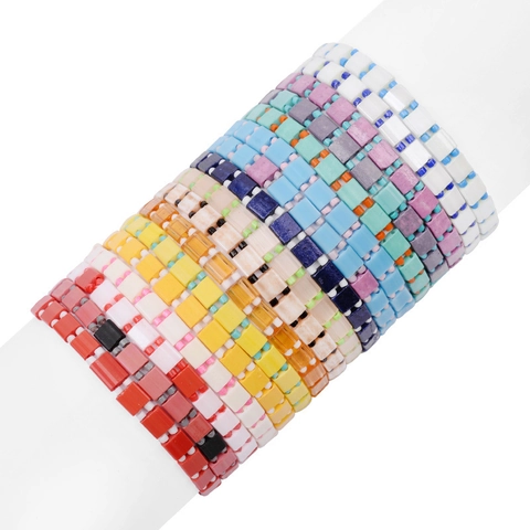 Bohemian Japanese Miyuki Tila Bead Bracelet For Women Men Geometric Tile Beads Handmade Woven Elastic Bangle Fashion Jewelry Gift