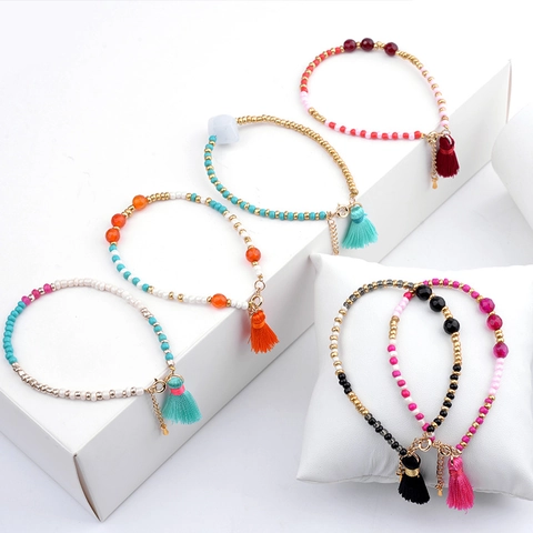 Boho Naturstein Kristall Perlen Armband Mit Quaste Für Damen Handgefertigt Mehrfarbig Verstellbarer Armreif Schmuck Ethno-Stil