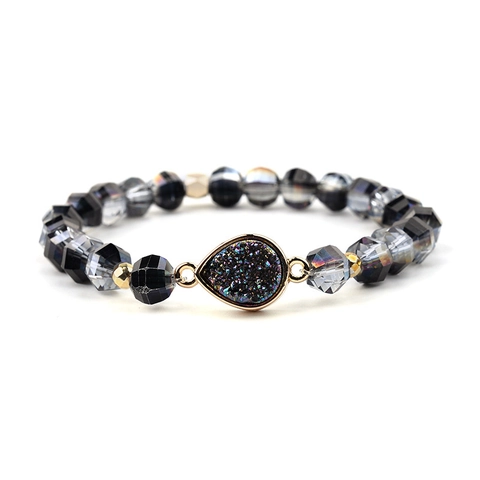 Bracelet Druzy en Cristal de Roche Naturel pour Femme Bracelet Élastique à Perles Facettées Bohème Pendentif Goutte d'Eau Plaqué Or