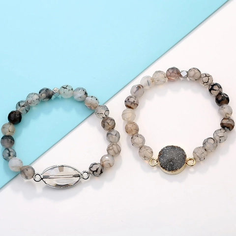 Bracelet en Perles d'Agate Veine de Dragon Naturelle pour Femmes Bracelet Extensible avec Charme en Cristal Druzy Bijoux Faits à Main