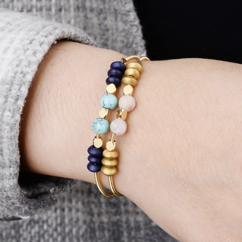 Bohemian Gold Spiral Titanstahl Draht Armband Mit Naturstein Holzperlen Mehrfarbig Stapelbar Schmuck Für Damen