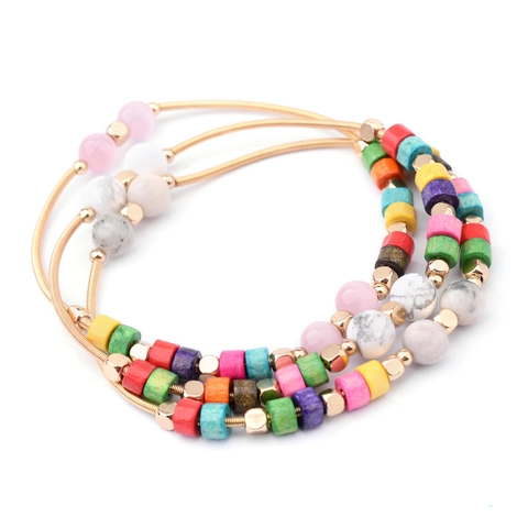 Bohemian Gold Metal Spring Coil Beaded Bracelet For Women Colorful Natural Stone Wood Bead Multi Layer Adjustable Hand Jewelry