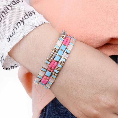 Bohemian Multi-layer Beaded Bracelet Set For Women Handmade Glass Tila Beads Rhinestone Elastic Bracelet Fashion Jewelry