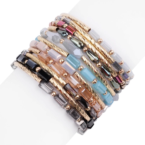 Bohemian Crystal Glass Beaded Bracelet With Copper Spiral Curved Tube Gold Plated Geometric Strand Bracelet For Women Jewelry