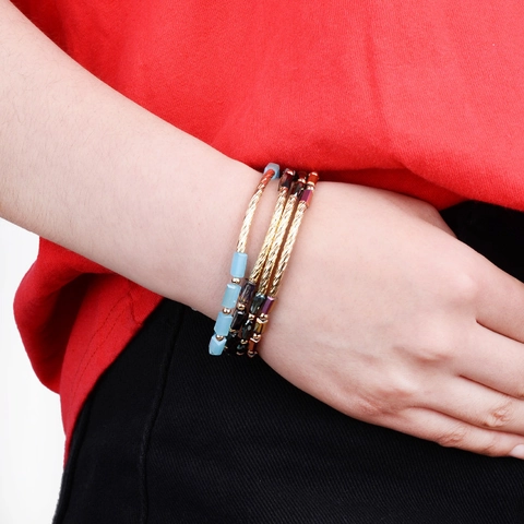 Bohemian Crystal Glass Beaded Bracelet With Copper Spiral Curved Tube Gold Plated Geometric Strand Bracelet For Women Jewelry