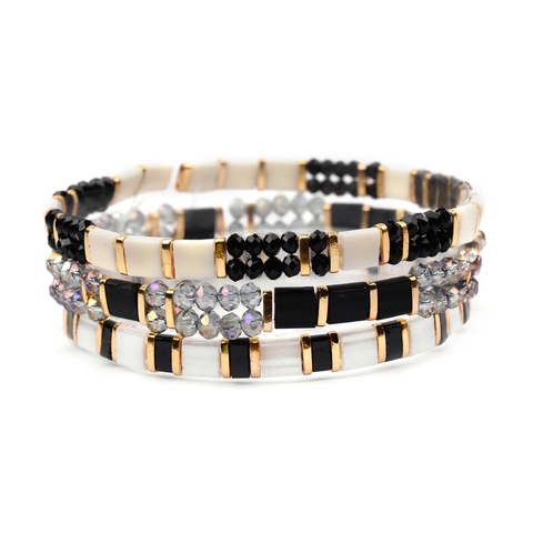 Bohemian Multi-layer Beaded Bracelet Set For Women Handmade Glass Tila Beads Rhinestone Elastic Bracelet Fashion Jewelry